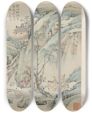 Triptych art skateboard deck of Xiao Yuncong Album Of Seasonal Landscapes Leaf B Previous Leaf 1 by Xiao Yuncong (1596-1673)