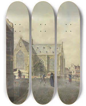 Triptych art skateboard deck of Johannes Huibert Prins Kirche Bei Einer Brcke Ein Lahmer Bettler Bei Einer Dame by Johannes Huibert Prins (1757-1806)