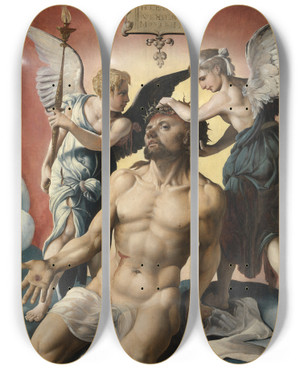 Triptych art skateboard deck of Maarten Van Heemskerck Man Of Sorrows by Maarten Van Heemskerck (1498-1574)