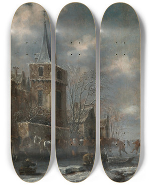 Triptych art skateboard deck of Thomas Heeremans A Winter Landscape With Skaters On The Ice by Thomas Heeremans (1641-1694) Triptych art skateboard deck of Thomas Heeremans A Winter Landscape With Skaters On The Ice by Thomas Heeremans (1641-1694)