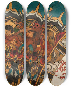 Triptych art skateboard deck of Jzef Mehoffer Three Angels by Jozef Mehoffer (1869-1946)