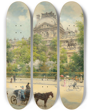 Triptych art skateboard deck of Louis Broud La Place Du Louvre by Louis Beroud (1852-1930)