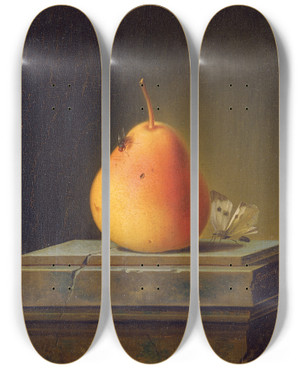Triptych art skateboard deck of Justus Juncker Still Life With Pear And Insects by Justus Juncker (1703-1767)