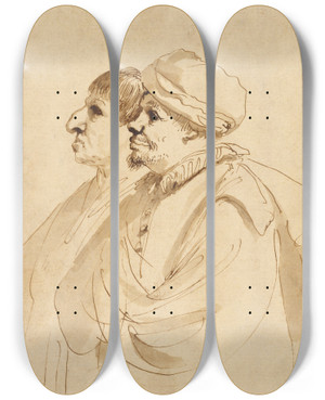 Triptych art skateboard deck of Guercino Caricature Of Two Men Seen In Profile by Guercino (1591-1666)