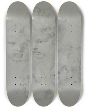 Triptych art skateboard deck of Jacob De Wit Five Childs Heads by Jacob de Wit (1695-1754)