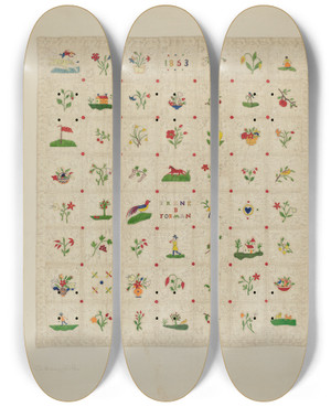 Triptych art skateboard deck of Catherine Fowler Bedspread by Catherine Fowler