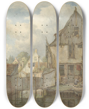 Triptych art skateboard deck of Jan Hulswit Vervallen Huizen Aan Het Water by Jan Hulswit (1766-1822)