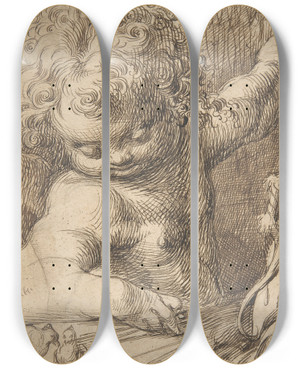 Triptych art skateboard deck of Toussaint Dubreuil Cupid With Two Doves by Toussaint Dubreuil (1561-1602)