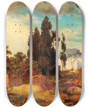 Triptych art skateboard deck of Edmund Von Wrndle View Of The Villa Hadriana Tivoli by Edmund Von Worndle (1827-1906)