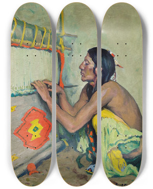 Triptych art skateboard deck of Eanger Irving Couse The Weaver by Eanger Irving Couse (1866-1936)