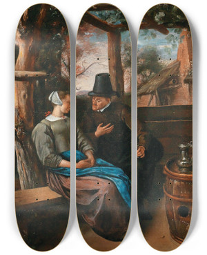 Triptych art skateboard deck of Jan Steen A Suitor With A Young Woman by Jan Steen (1626-1679)