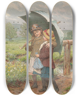 Triptych art skateboard deck of Robert Barnes Two Girls Under An Umbrella by Robert Barnes (1840-1895)