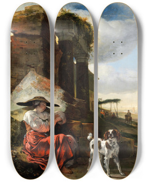 Triptych art skateboard deck of Jan Baptist Weenix The Sleeping Shepherdess by Jan Baptist Weenix (1621-1660)