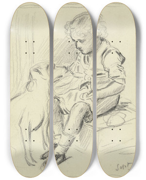 Triptych art skateboard deck of Otto Scholderer Sitzender Knabe Mit Sitzendem Hund_4 by Otto Scholderer (1834-1902)