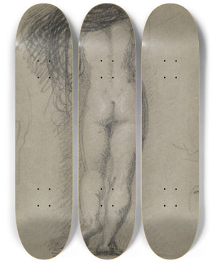 Triptych art skateboard deck of Benjamin Robert Haydon Rear View Study Of A Nude Figure by Benjamin Robert Haydon (1786-1846)