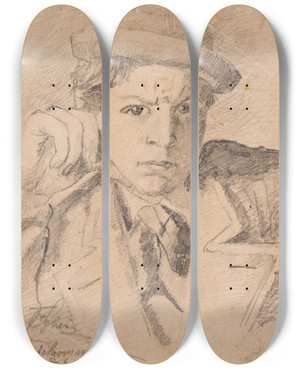 Triptych art skateboard deck of Fritz Syberg Selvportrt by Fritz Syberg (1862-1939)