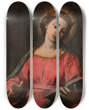 Triptych art skateboard deck of Scarsellino Female Saint by Scarsellino (1550-1620)