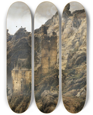 Triptych art skateboard deck of Karl Friedrich Lessing Rocky Landscape Gorge With Ruins by Karl Friedrich Lessing (1808-1880)