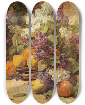 Triptych art skateboard deck of Georges Jeannin Stillleben Mit Einem Fliederstrau Und Zitronen by Georges Jeannin (1841-1925)