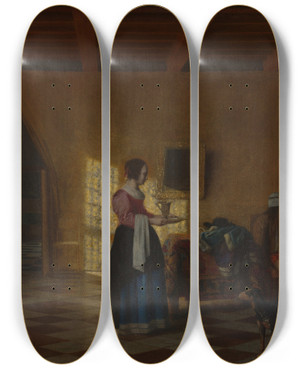 Triptych art skateboard deck of Pieter De Hooch Woman With A Water Pitcher And A Man By A Bed by Pieter De Hooch (1629-1684)