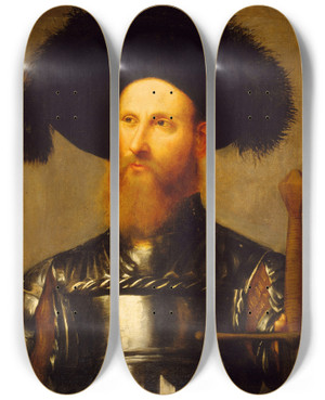 Triptych art skateboard deck of Girolamo Romanino Portrait Of A Man In Armor by Girolamo Romanino (1485-1566)