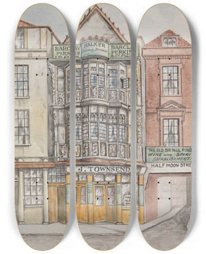 Triptych art skateboard deck of Thomas Hosmer Shepherd Sir Paul Pindars House Bishopsgate Street by Thomas Hosmer Shepherd (1793-1864)