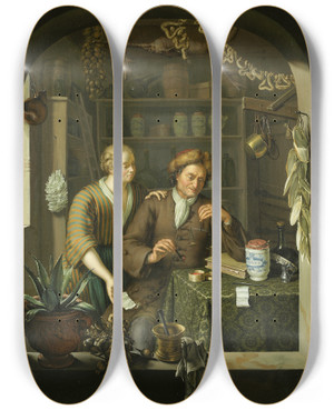 Triptych art skateboard deck of Frans Van Mieris The Younger The Pharmacist by Frans Van Mieris The Younger (1689-1763)