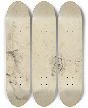Triptych art skateboard deck of Albrecht Drer Male Head In Profile by Albrecht Durer (1471-1528)