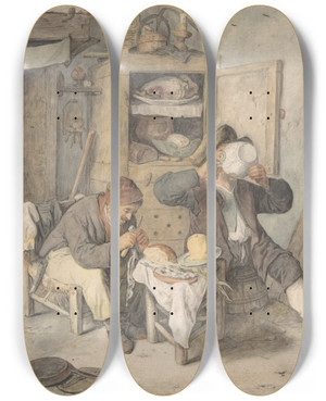 Triptych art skateboard deck of Cornelis Dusart Kitchen Scene by Cornelis Dusart (1660-1704)