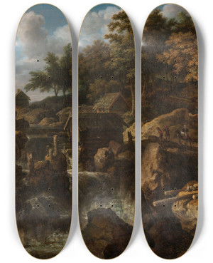 Triptych art skateboard deck of Allaert Van Everdingen Swedish Landscape With A Waterfall by Allaert Van Everdingen (1621-1675)