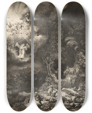 Triptych art skateboard deck of Rembrandt Van Rijn The Angel Appearing To The Shepherds_4 by Rembrandt Van Rijn (1606-1669)