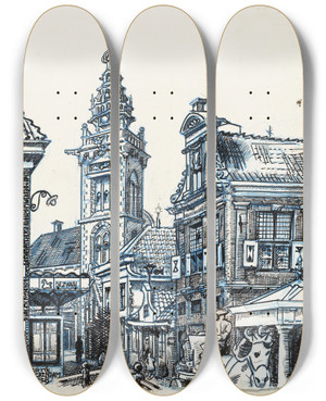 Triptych art skateboard deck of Martin Monnickendam Gezicht Bij De Dam Te Monnickendam Op De Speeltoren En Waaggebouw by Martin Monnickendam (1874-1943)