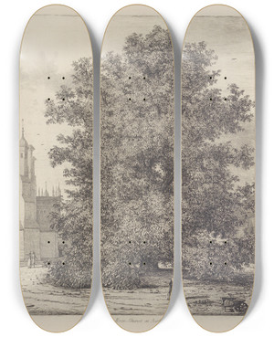 Triptych art skateboard deck of Jacob George Strutt The Horse Chesnut At Burleigh by Jacob George Strutt (1784-1867)