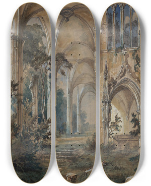 Triptych art skateboard deck of Carl Blechen Gothic Church Ruin by Carl Blechen (1798-1840)