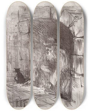 Triptych art skateboard deck of Henri De Toulouselautrec Au Pied Du Sina Une Arrireboutique Cracovie by Henri de Toulouse-Lautrec (1864-1901)