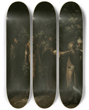 Triptych art skateboard deck of Nicolai Abildgaard From Ludvig Holbergss The Journey Of Niels Klim To The World Underground by Nicolai Abildgaard (1743-1809)
