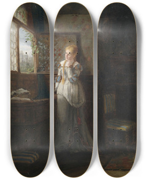 Triptych art skateboard deck of Paul Wichmann Ein Junges Mdchen In Erwartung Am Fenster by Paul Wichmann (1846-1878)