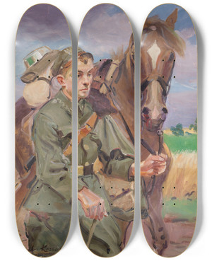 Triptych art skateboard deck of Wojciech Kossak A Soldier With A Horse by Wojciech Kossak (1857-1942)