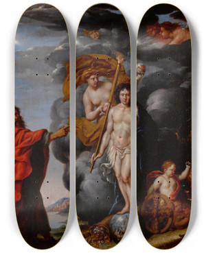 Triptych art skateboard deck of Gerard Hoet An Allegory Of The Riches Of The Earth by Gerard Hoet (1648-1733)