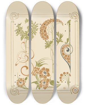 Triptych art skateboard deck of Alphonse Mucha Abstract Design Based On Flowers And Arabesques by Alphonse Mucha (1860-1939)