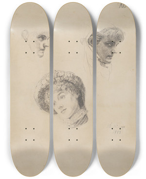 Triptych art skateboard deck of Max Klinger Three Studies Of Heads Of Women by Max Klinger (1857-1920)