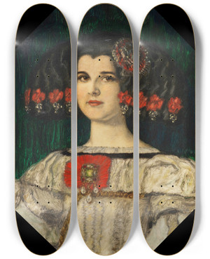 Triptych art skateboard deck of Franz Von Stuck Meine Tochter Mary Im Velzquezkostm by Franz Von Stuck (1863-1928)