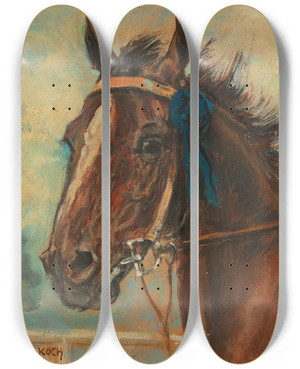 Triptych art skateboard deck of Ludwig Koch A Winning Horse by Ludwig Koch (1866-1934)