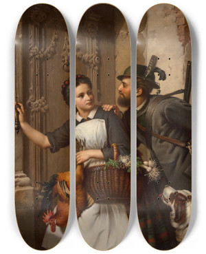 Triptych art skateboard deck of Ferdinand Minor The Flirtation by Ferdinand Minor (1814-1883)