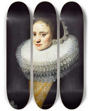 Triptych art skateboard deck of Michiel Jansz Van Mierevelt Portrait Of A Lady by Michiel Jansz Van Mierevelt (1566-1641)