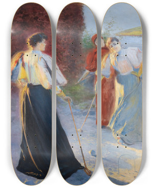 Triptych art skateboard deck of Leon Wyczkowski A Game Of Crocquet by Leon Wyczolkowski (1852-1936)