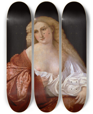 Triptych art skateboard deck of Jacopo Palma Il Vecchio Portrait Of A Woman Know As Portrait Of A Courtsesan by Jacopo Palma Il Vecchio (1480-1528)