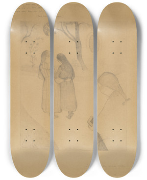 Triptych art skateboard deck of Gf Clement Tre Unge Piger P En Vej Den Forreste Med En Bog by G.F. Clement (1867-1933)