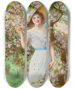 Triptych art skateboard deck of Emile Vernon Cherry Blossom by Emile Vernon (1872-1920)