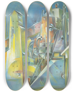 Triptych art skateboard deck of Preston Dickinson Factory by Preston Dickinson (1891-1930)